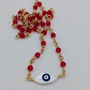 Red Bead Evil Eye Necklace - Gold Chain